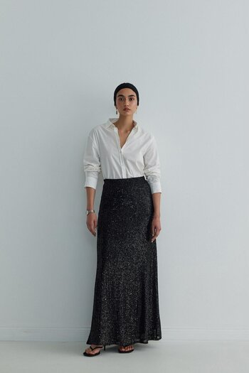 Suud Collection Black Sheer Sequined Maxi Skirt