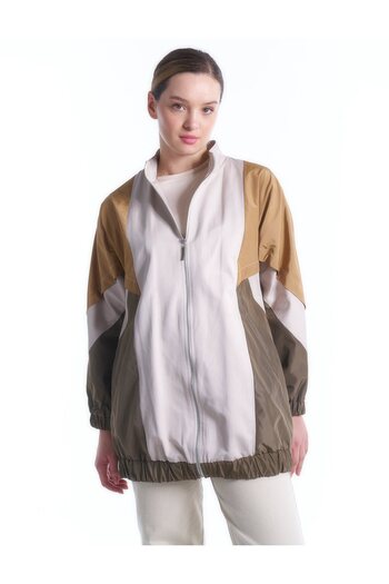 Kayra Color Blocked Stand Collar Jacket Khaki