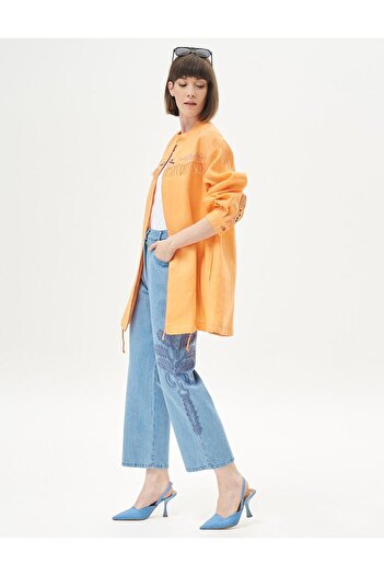 Kayra 100% Linen Tassel and Embroidery Detailed Jacket Peach