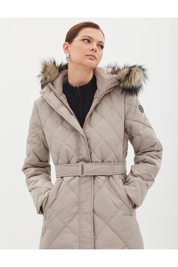 Kayra Stone Colored Diamond Patterned Faux Fur Goose down Coat