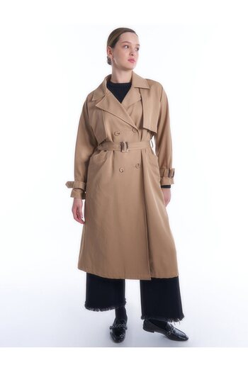 Kayra Beige Double-breasted Collar and Belt Detailed Trench Coat