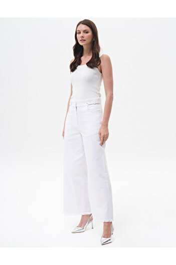 Kayra Optical White Denim Trousers - Tasseled Leg