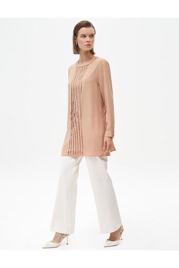 Kayra Beige Tunic - Null Collar and Ribbed Detail
