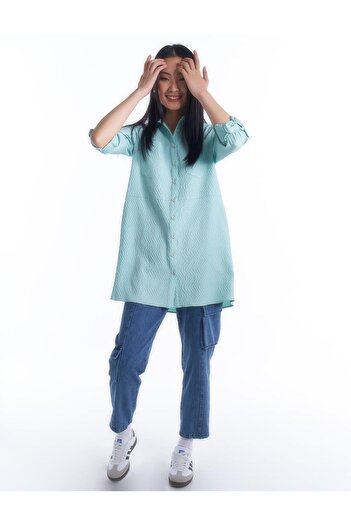 Kayra Nile Green Tunic - Shirt Collar and Pocket Detail