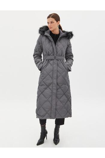 Kayra Smoke Colored Diamond Patterned Faux Fur Jacket