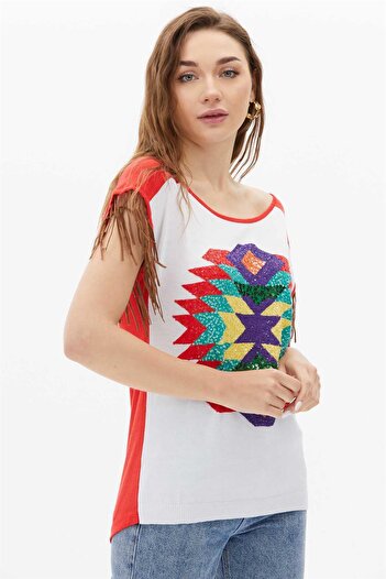 Two Mail Kilim Desenli Bluz KIRMIZI
