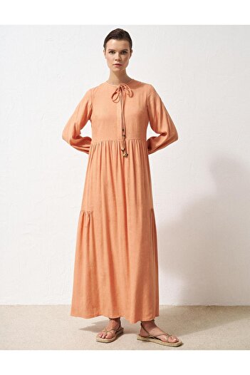 Kayra Tassel Half Placket Dress - Peach Design