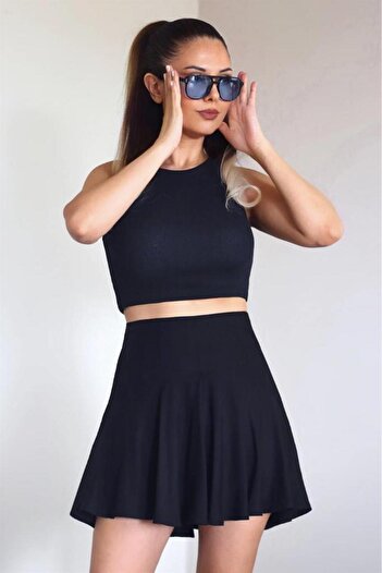 Ritnice Black Viscose Summer Shorts Skirt - 100% Fabric, Elastic Waist and Flywheel Detail