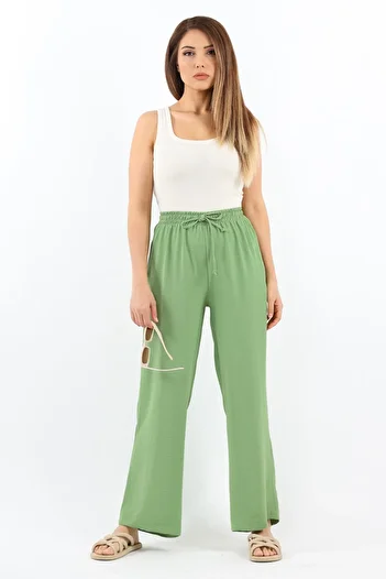 Ritnice Women's Relaxed Green Elastic Waist Straight Cut Pocket Ayrobin Trousers