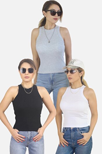 Ritnice Women's 3-Piece Premium Texture Cotton Ribbed Undershirt White, Black, Gray