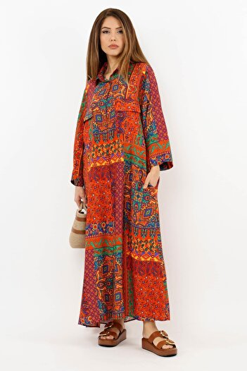 Ritnice Prive Women's Ethnic 100% Viscose Red Shirt Collar Buttoned Front Long Summer Dress