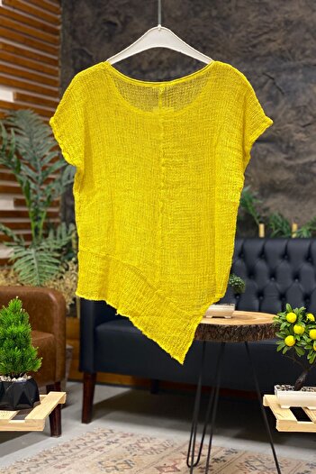 sahnemoda Asymmetrical Short Sleeve Detailed Blouse