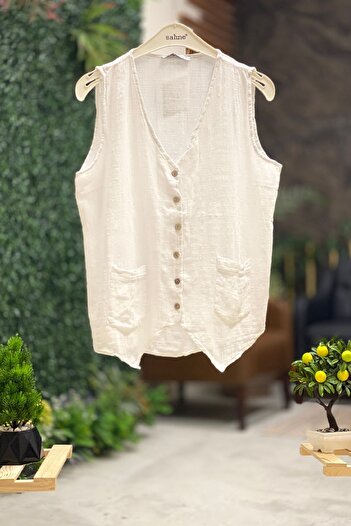 sahnemoda Linen V-Neck Vest - Buttoned Design