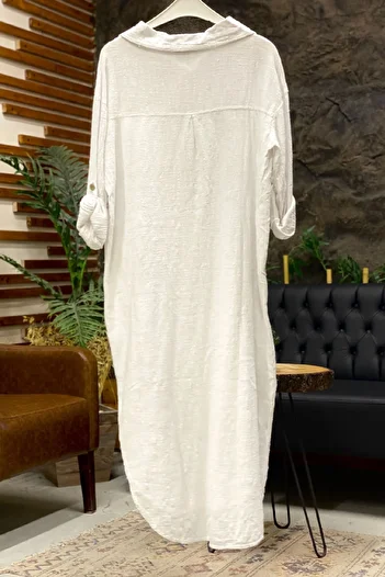 sahnemoda Μακρύ λινό φόρεμα με γιακά με κουμπιά