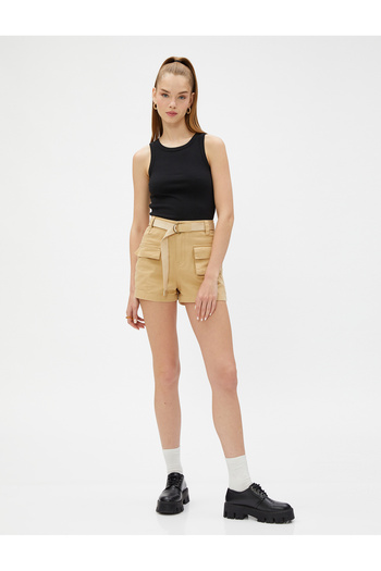 Koton Denim Shorts with Belt Detail, High Waist and Pocket