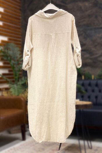 sahnemoda Μακρύ λινό φόρεμα με γιακά με κουμπιά