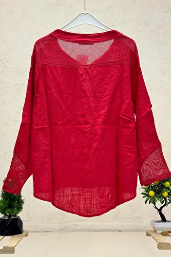 sahnemoda Linen Blouse - High Collar, Pocket and Back Mesh Detail