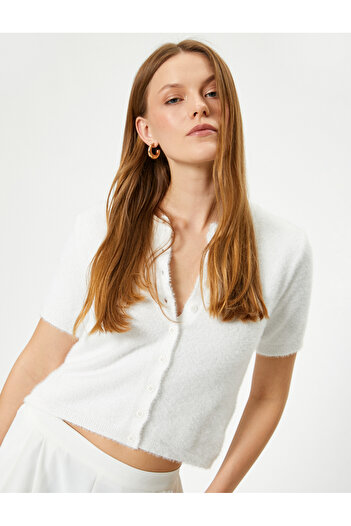 Koton Crew Neck Short Sleeve Plush Cardigan - Buttoned
