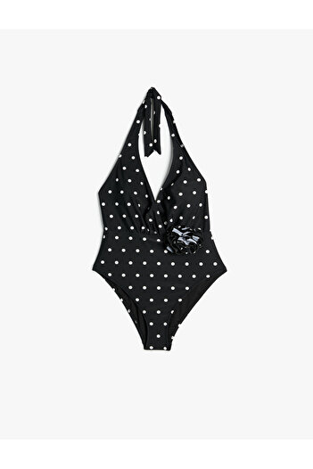 Koton Polka Dot Halter Neck Swimsuit with Rose Applique Detail