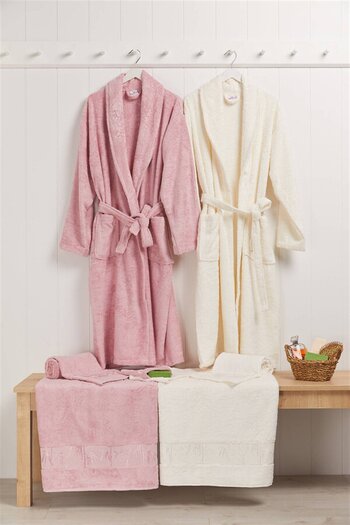 Nurpak Bamboo Family Bathrobe Set - Ecru - Pink