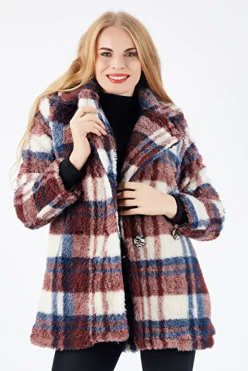 Sense Double Breasted Fur Coat - Lined, Burgundy White Plaid, Kbn32383