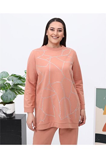 Bwest Payidar Stone Printed Plus Size Διπλή αθλητική φόρμα - 12005.037 - Salmon