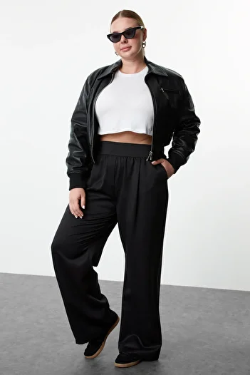 Trendyol Curve Wide Leg High Waist Black Woven Trousers - Tbbaw25Ar00008