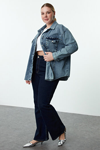 Trendyol Curve Μπλε φαρδύ τζιν μπουφάν Trock Plus Size