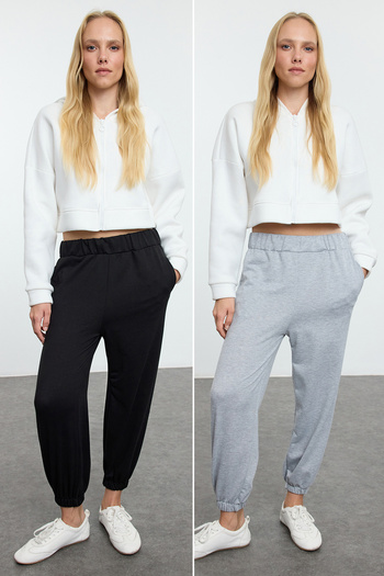 Trendyol Collection Black-Grey Melange Basic Jogger Elastic Leg Thin Knitted Sweatpants Pants Twoaw25Ea00006