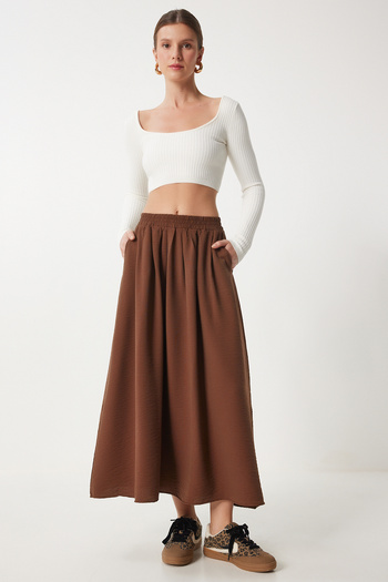 Happiness İstanbul Chocolate Colored Women's Skirt - Pocketed and Long Flared Woven Us00933