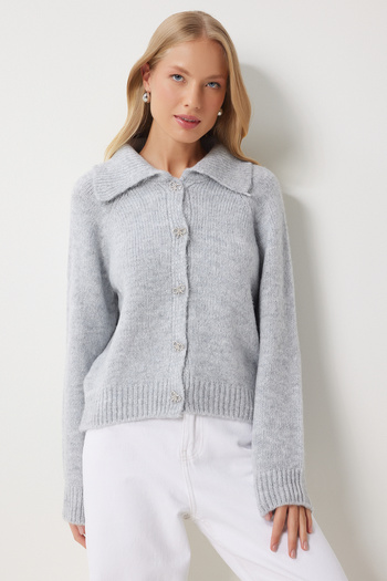 Happiness İstanbul Šedý Polo límec Bow Stone Cardigan - Dámský Pf00094