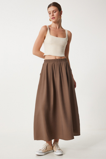 Happiness İstanbul Brown Long Flared Woven Women's Skirt - with Pockets, Us00933