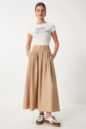 Happiness İstanbul Mink Long Flared Skirt - Pocketed, Women'S, Woven Us00933