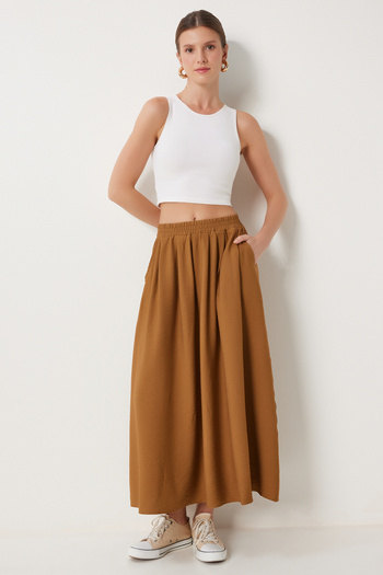 Happiness İstanbul Mustard Pocketed Long Flared Women's Skirt - Us00933