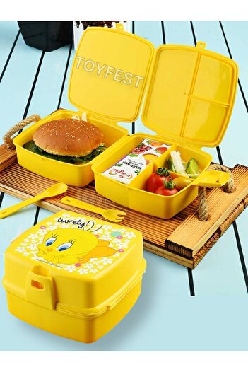 TOYFEST صندوق غداء مربع مكون من طبقتين و4 أقسام مع غطاء قفل وملعقة وشوكة - صندوق غداء بطابع تويتي