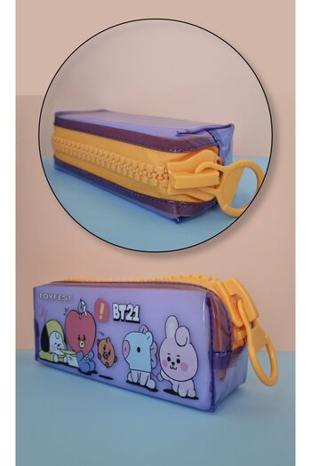 TOYFEST BTS BT21 Themed Giant Zippered Pen Holder Transparent Pencil Case Bag - Pastel Purple