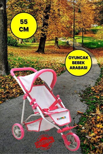 TOYFEST Gray-Pink Children's Toy Stroller with 3 Wheels with Metal Skeleton - Foldable Stroller, 55 CM