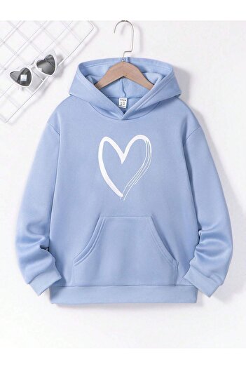 PENTHİLUS Μπλε φούτερ με κουκούλα Oversize - Heart Printed