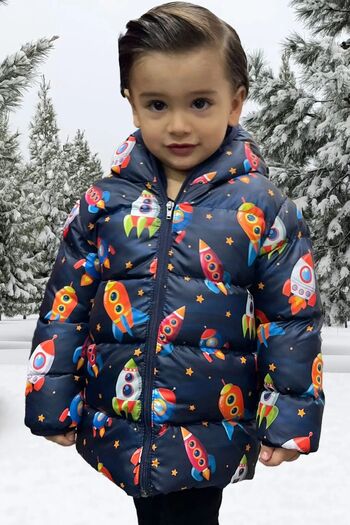 freemen Boy's Fleece Hooded Rocket Patterned Winter Puffer Jacket & Coat & Parka