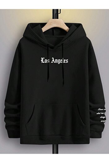 Mythologie Los Angeles Yazı Detay Sweatshirt - Siyah Baskılı Oversize Sweatshirt Kapüşonlu