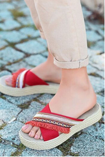 Modazirve Red Suede Women's Slippers with Tassel and Embroidery Detail