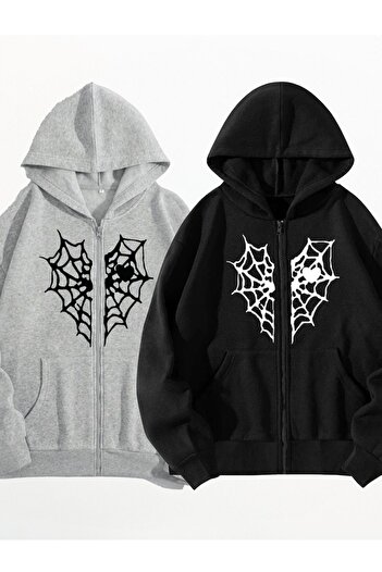 Mythologie 2'li Spider Web Kalın Hırka - Siyah Gri Baskılı Yazlık Oversize Kapüşonlu Fermuarlı Cepli Hırka