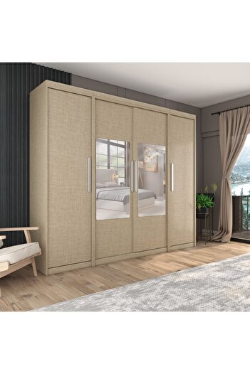 yılwood Sürgülü Gardırop İki Taraflı Boydan Kapaklı Orta Sürgülü Dolap 60+140+60 cm (KOTON VİZON)