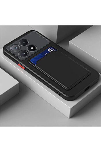 Fibaks Xiaomi Mi 14 Case Black Silicone Cover with Camera Protection, Back Card Holder, Wallet and Red Key