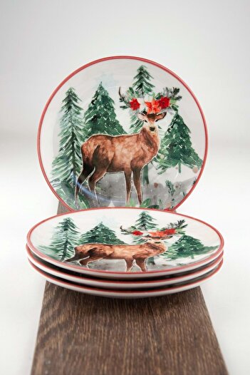 Bursa Porselen Dekor 4 Pieces Red Pastel Colored Christmas Porcelain Plate with Lid