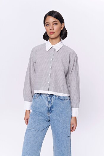Quzu Gray Shiny Stone Detailed Shirt