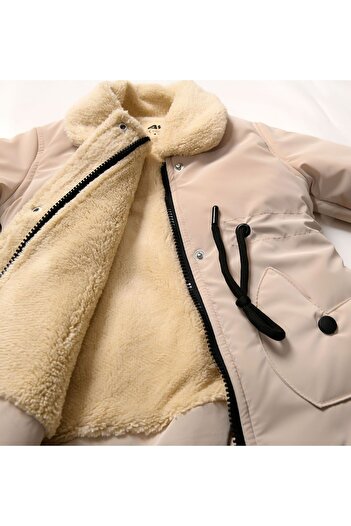 Go Veform Beige Nova Kids Coat - Baby Girl with Fur Inside and Collar Avm2300