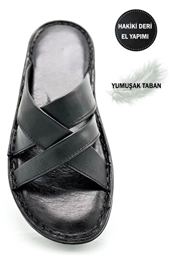 sermoda Genuine Real Leather Men's Slippers Lightweight Slippers Leather Cross Black