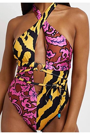 For Big Trend Women's Plus Size Patterned Halter Neck Low-Cut Ring Detail Swimsuit