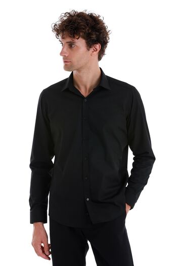 Hatemoğlu Μαύρο Slim Fit Απλό Βαμβακερό μακρυμάνικο αθλητικό πουκάμισο με λεπτή λαιμόκοψη